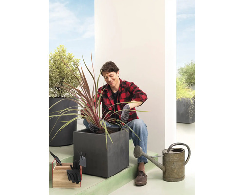 Mann pflanzt Pflanze in einen Pflanzkasten im Freien mit Gartengeräten und Gießkanne