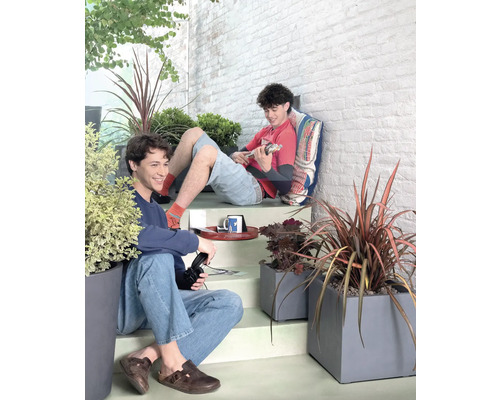 Szene mit zwei Personen auf einer Treppe mit Pflanzkästen und Pflanzen.