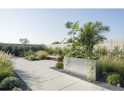 Garten mit Pflanzen, Pflastersteinen und Sitzbank