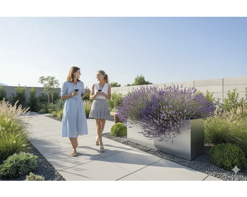 Gartenszene mit Frauen auf einem Weg, flankiert von einem Blumenkasten mit Lavendel