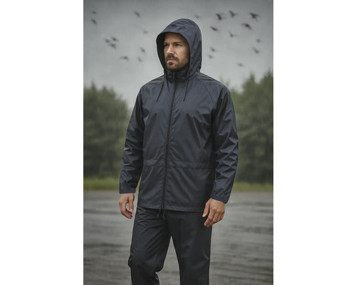 Mann in wasserdichter Jacke und Hose im Regen