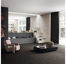 Innenraum mit Teppichboden, Sessel und Ausstellungsfläche für Schuhe und Accessoires