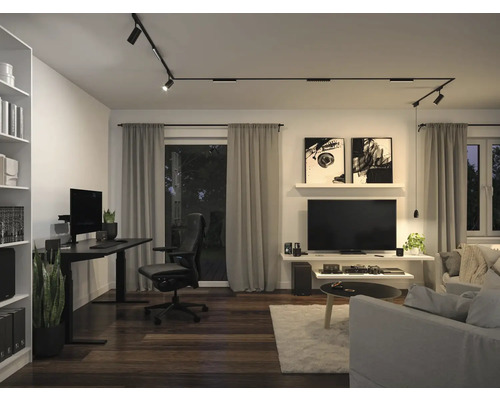 Modernes Wohnzimmer mit Schienensystem, Schreibtisch und Sofa