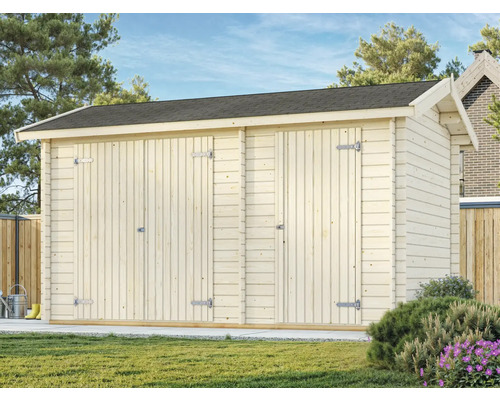 Gartengerätehaus aus Holz mit Doppeltür und Satteldach im Garten