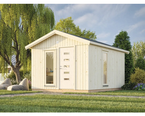 Gartenhaus mit Holzwänden, Fenstern und Tür im Garten