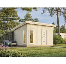 Modernes Gartenhaus mit Flachdach und Fenster neben einer Tür