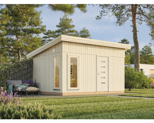 Modernes Gartenhaus mit Flachdach und Fenster neben einer Tür
