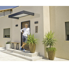 Heller, moderner Eingangsbereich mit einem Vordach aus Glas und Metall, einer Haustür in Holzoptik und großen Pflanzkübeln auf Steinstufen.