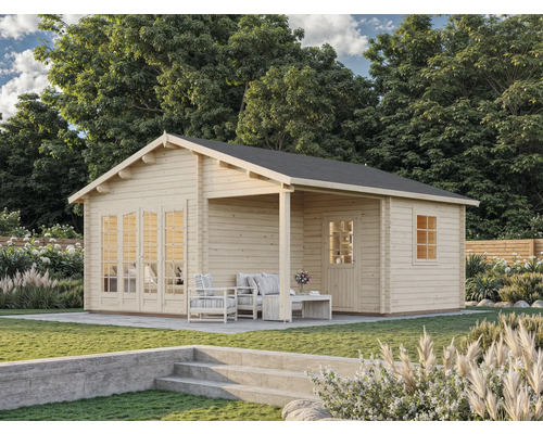 Holzgartenhaus mit Terrasse und Gartenmöbeln im Außenbereich
