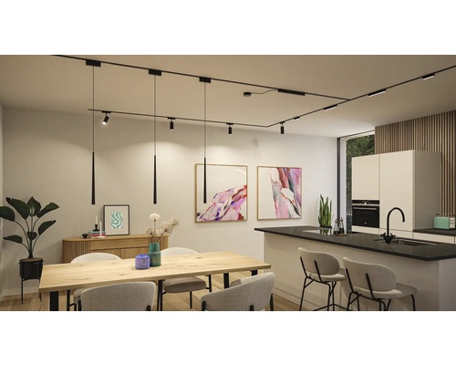 Modernes Esszimmer mit Küchenecke und schwarzem Schienensystem mit Strahlern