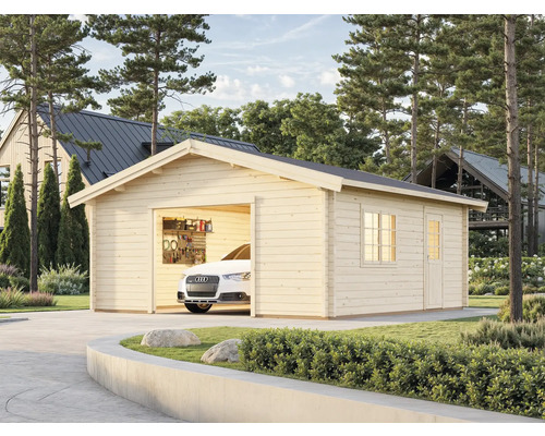 Holzgarage mit Auto und Werkzeugwand im Garten