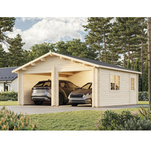 Doppelgarage aus Holz mit zwei darin geparkten Autos