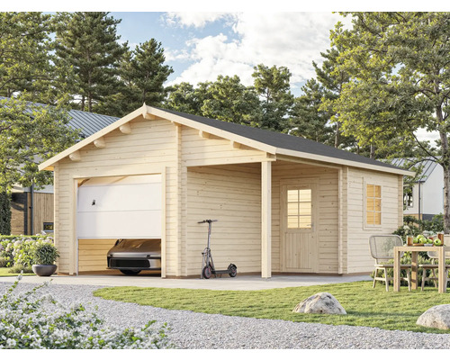 Holzgarage mit offenem Carport, Autogarage und einem Elektroauto