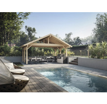 Einladende Gartenszene mit Pool, Pavillon und Essbereich