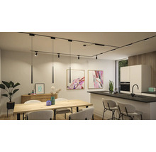 Esszimmer und Küche mit Esstisch, Stühlen, Sideboard, Kunstwerken, Küchenzeile und schwarzem Schienensystem mit Spots