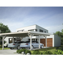 Doppelcarport aus Holz vor modernem Wohnhaus mit zwei parkenden Autos