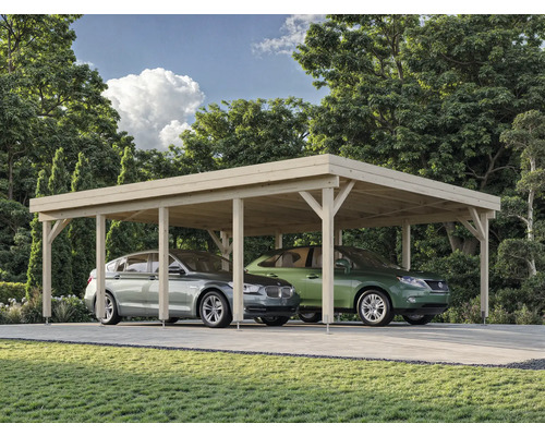 Doppelcarport aus Holz mit zwei parkenden Autos