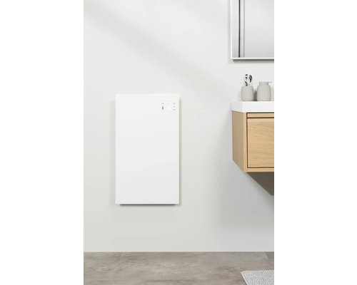 Modernes Badezimmer mit weißem Heizkörper an der Wand neben einem Waschtisch