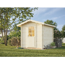 Holzgartenhaus mit Tür und Fenster in einem gepflegten Garten
