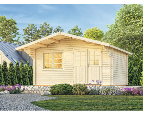 Holzgartenhaus mit Fenster und Doppeltür im Garten