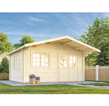 Holzgartenhaus mit Fenstern und Doppeltür im Garten