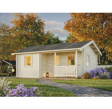 Garten Szene mit Holzgartenhaus mit Veranda und grauem Dach