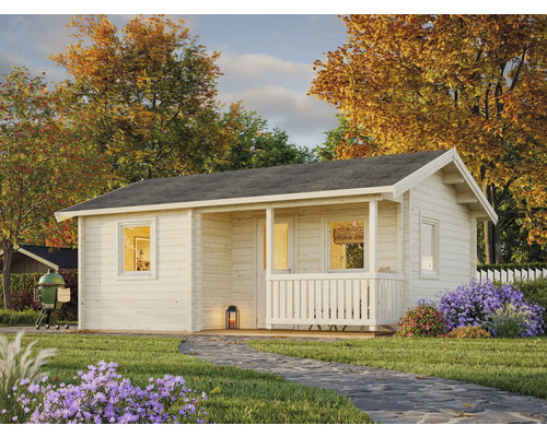 Garten Szene mit Holzgartenhaus mit Veranda und grauem Dach
