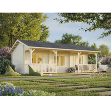 Holzgartenhaus mit überdachter Terrasse und Garten