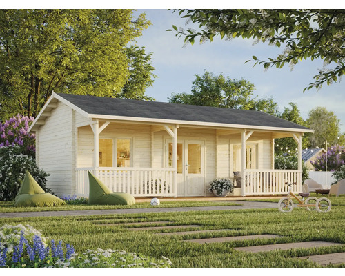 Holzgartenhaus mit überdachter Terrasse und Garten