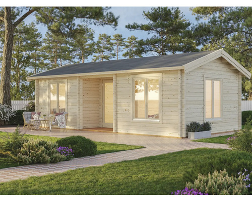 Holzgartenhaus mit Fenstern, Tür und Satteldach im Garten