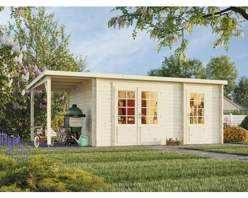 Gartenhaus mit Grill, Fahrrad und Gartengerät im Garten