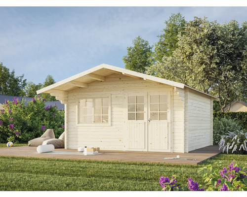 Gartenhaus Palmako Britta 17,5 m² 488 x 580 cm Tauchgrundiert Gartenhaus aus Holz mit Fenster und Doppeltür auf einer Holzterrasse in einem Garten.