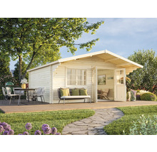 Gartenhaus aus Holz mit Terrasse, Gartenmöbeln und Steingartenweg