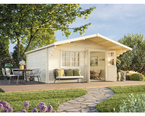 Gartenhaus Palmako Britta 19,7 m² 516 x 580 cm tauchgrundiert Gartenhaus aus Holz mit Terrasse, Gartenmöbeln und Steingartenweg