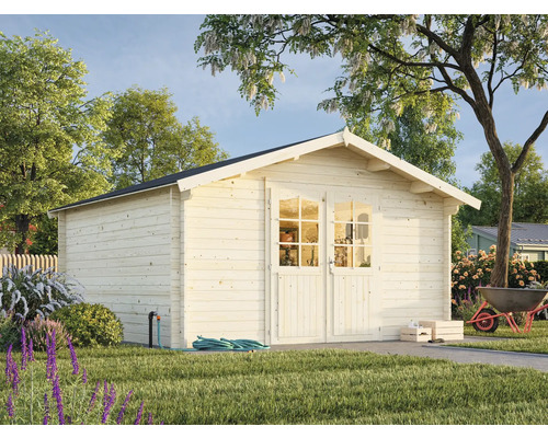 Gartenhaus Palmako Lotta 13,9 m² 422 x 430 cm tauchgrundiert Holzgartenhaus mit Doppeltür und Fenstern im Garten