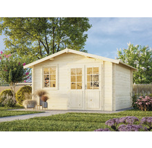 Holzgartenhaus mit Doppeltür und Fenstern im Garten