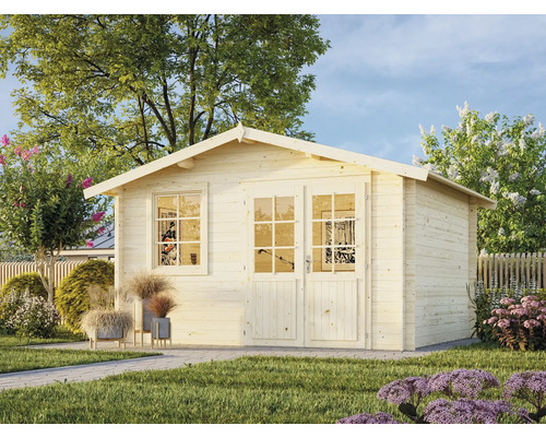 Gartenhaus Palmako Klara 10,4 m² 424 x 350 cm Tauchgrundiert Holzgartenhaus mit Doppeltür und Fenstern im Garten