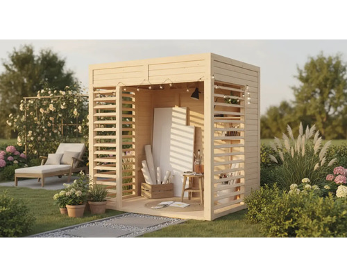 Pavillon Bertilo Mini 1 inkl. Fußboden 229 x 186 cm natur Holzgartenhaus mit Staffelei, Leinwand, Hocker und Dekoration im Garten