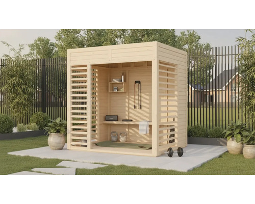 Holzgartenhaus mit Trainingsgeräten und Regalen