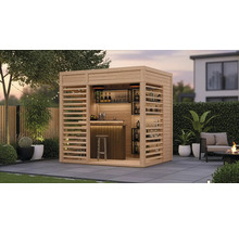 Holzgartenbar mit Regalen, Barhocker und Außenbereich