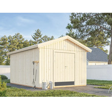 Garten Szene mit Holzgartenhaus, Gartengeräten und Pflanzen