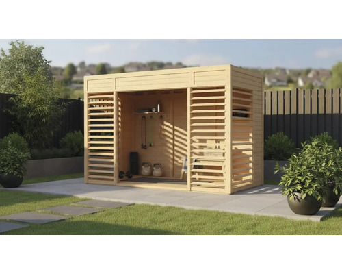 Pavillon Bertilo Mini 2 inkl. Fußboden 339 x 186 cm natur Holzgartenhaus mit Trainingsausrüstung im Garten