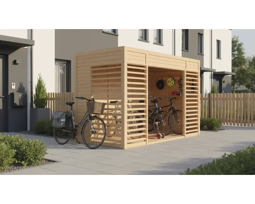 Fahrradgarage aus Holz mit Fahrrädern vor einem Wohnhaus