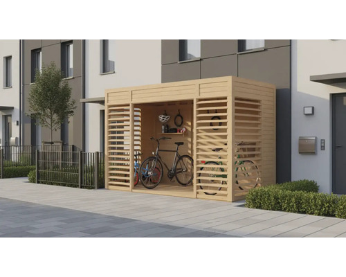 Fahrradgarage aus Holz mit Fahrrädern und Zubehör
