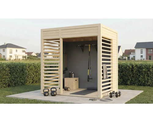 Holz Gartensauna mit Sportgeräten wie Hanteln, Kettlebells und einer Klimmzugstange