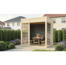 Holzpavillon mit Picknicktisch und Bänken im Garten