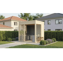 Grillkota mit Grill, Spüle und Barhockern im Garten