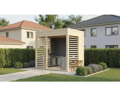 Grillkota mit Grill, Spüle und Barhockern im Garten