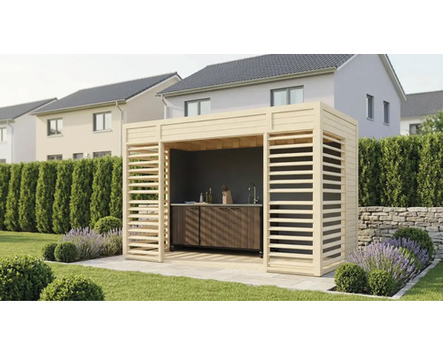 Outdoor-Küche mit Holzrahmen und Arbeitsplatte im Garten