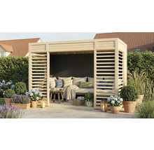 Holz-Gartenlounge mit Lamellenwänden, inklusive Kissen und Dekoration